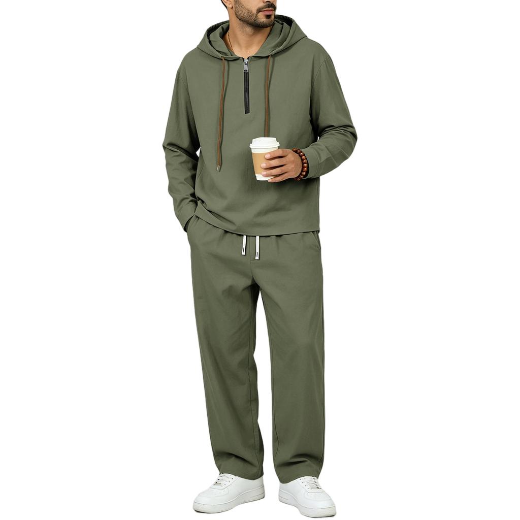 Men's Linen Hoodie Set Half Zip Pullover Long Sleeve Sweatshirt with Drawstring Pants Two Piece Lounge Set