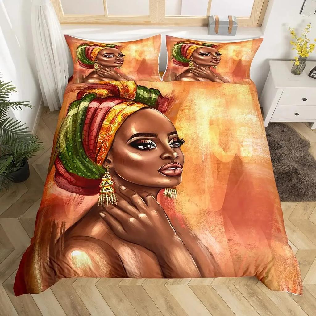 African Woman Duvet Cover Set Ethnic Afro Bedding Set African American Comforter Cover Orange Ancient Desert Bedspread