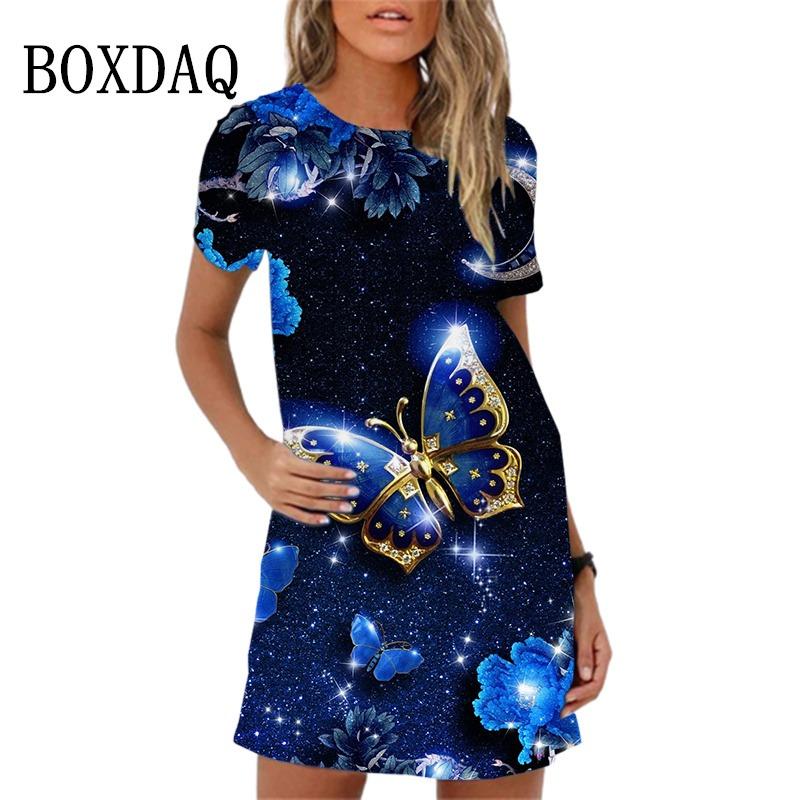 New Summer Sundress Sweet Elegant Purple Butterfly Print Mini Dress For Women Short Sleeve Loose Casual Mini Dress Oversize