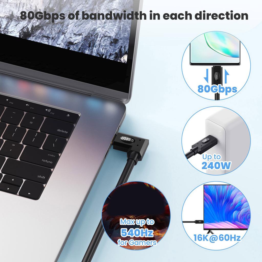 Fast USB5 Type C Cable 80Gbps Data Transfer Double 8K Triple 16K@144Hz Video Output 240W Charging for USB C Devices