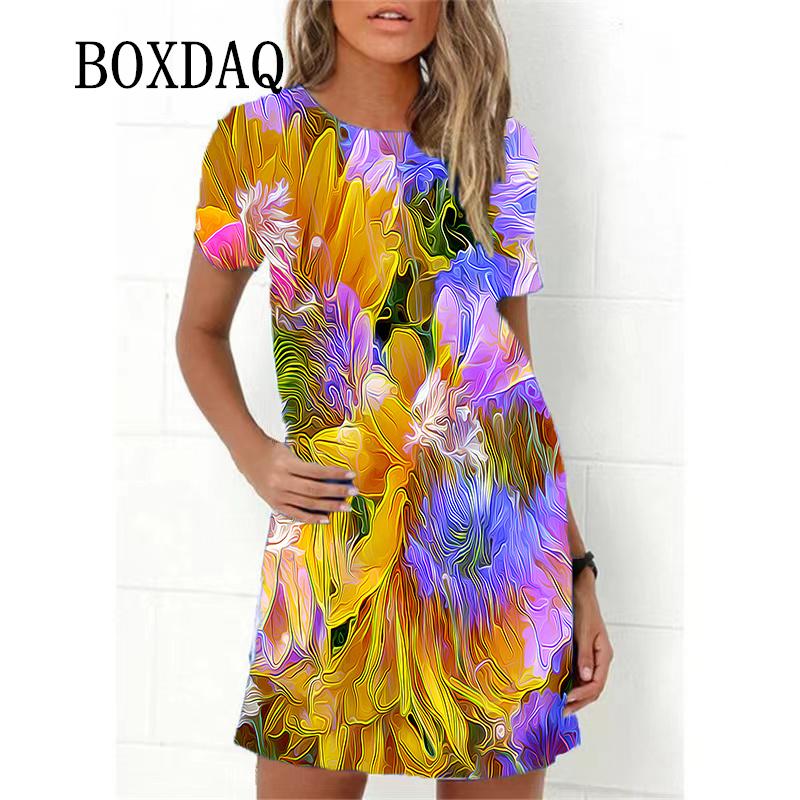 Gradient Colorful Flame Print Women Dresses Fashion Short Sleeve Loose A-Line Dress Oversized Summer Casual Beach Party Sundress