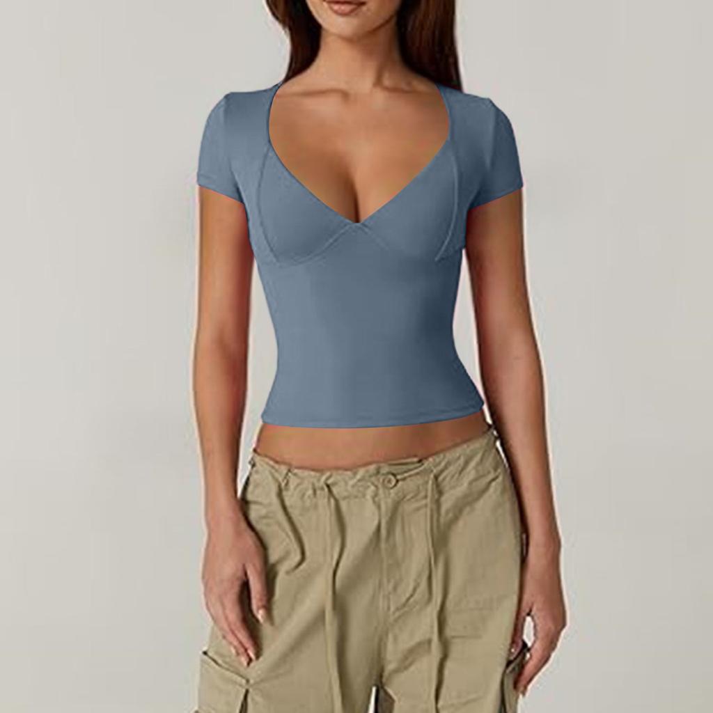 Women's Top Slim Fitting T-Shirt V-Neck Top With Bottom Short Sleeved Sexy Solor Top T-shirt
