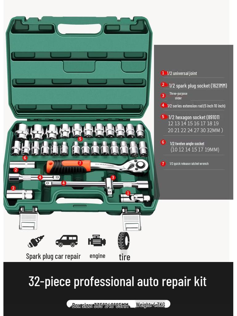 Green Forest Auto Repair Tool Set: Socket Wrench, Ratchet, Combination Tool Box.