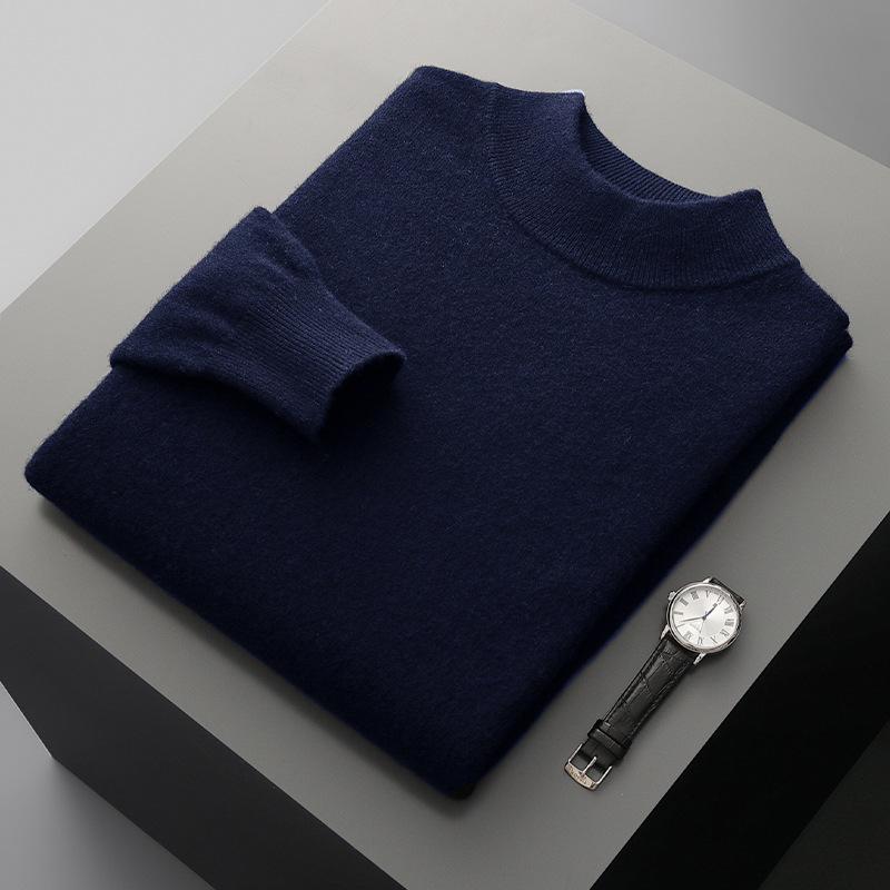 Men's Pure Wool Semi-High Neck Sweater - Autumn/Winter Collection: Slim Fit, Solid Color Pullover