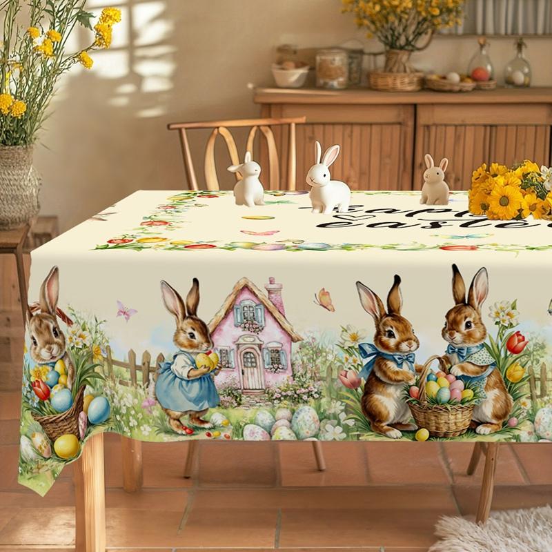 Vintage Easter Bunny Eggs Tablecloths Holiday Party Decor Spring Floral Rectangle/Round Table Cover Easter Decorations for Home