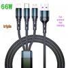 66W Braided 3-in-1 Charging Cable for Apple, Android, Type-C, Huawei Phones