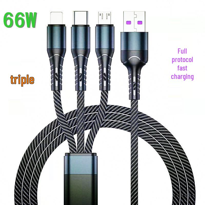 66W Braided 3-in-1 Charging Cable for Apple, Android, Type-C, Huawei Phones