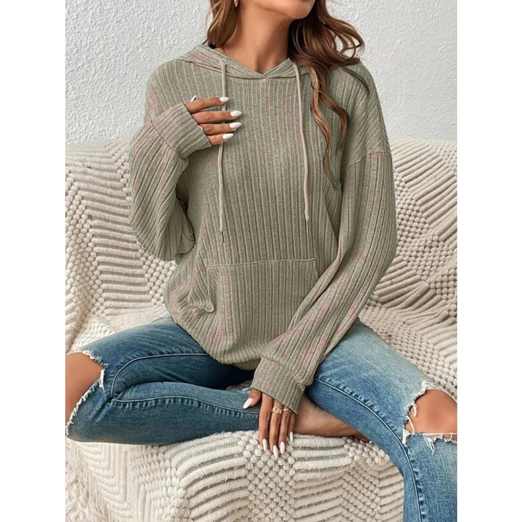 European and American Autumn Winter New Knitwear Hooded Pit Striped Kangaroo Pocket Long Sleeved Sweater