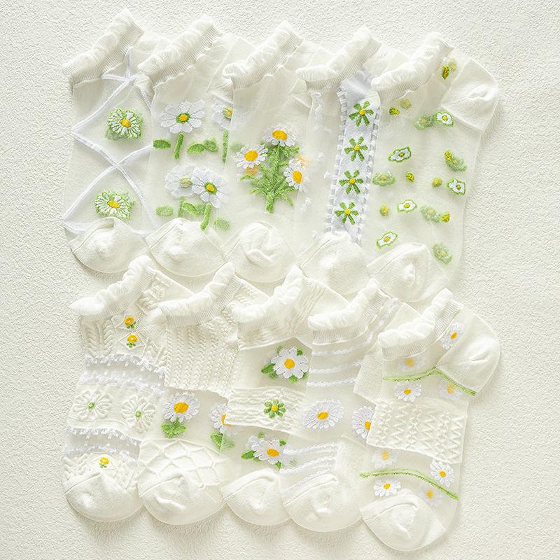 5 Pairs of Female Summer Ultra Thin Breathable Lace Hollowed Out Crystal Glass Wire Cool Boat Socks
