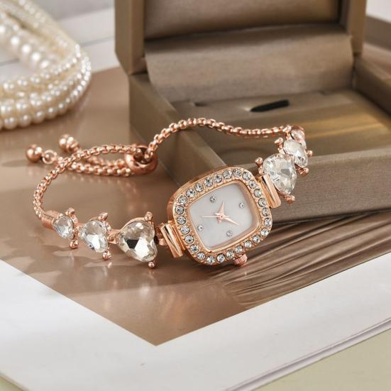 Women Rhinestone Bracelet Watch Small Square Dial Analog Quartz Wrist Watch Love Heart Chain Ladies Dress Watch with Adjustable