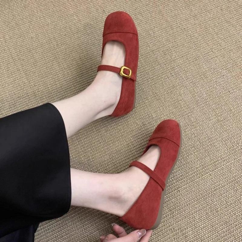 Gentle wind shallow mouth one-word buckle Mary Jane shoes summer new round head flat sole shoes retro Doudou shoes