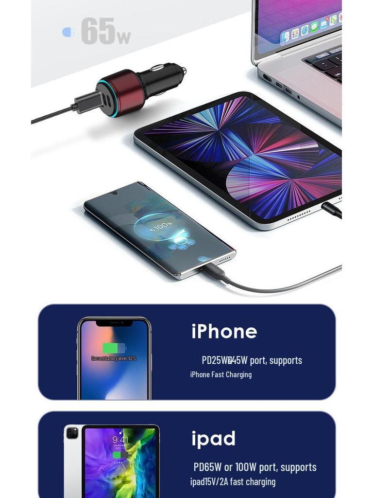 100W rychlá nabíječka do auta pro Apple, Samsung, Huawei - kompatibilní s PD pro mobilní telefony a notebooky