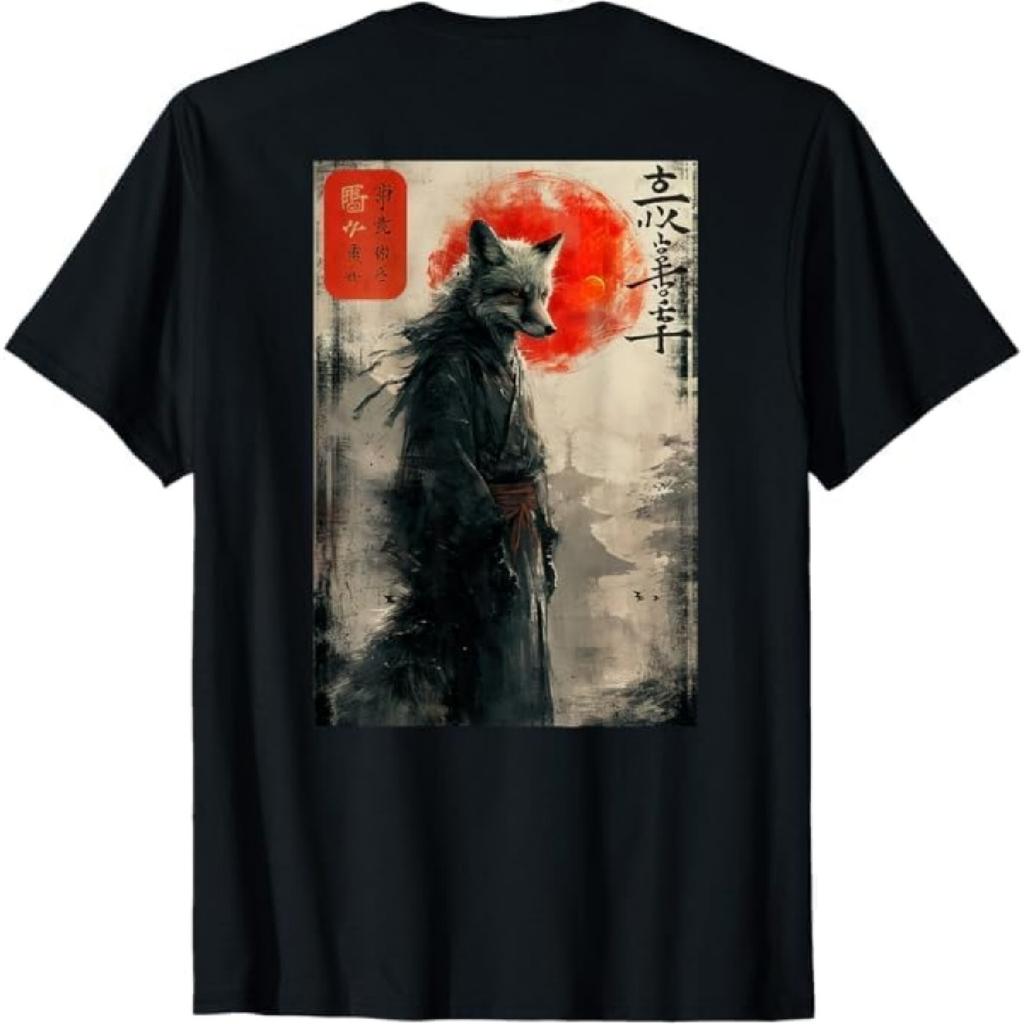 Japanese Woodblock Art of a Samurai Fox with Japanese (Back) T-Shirt BAOANH Mens Womens Tank Top Sweatshirt Hoodie Longsleeve 1132 Black