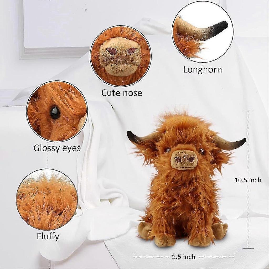 10.5 inches Highland Cows Stuffed Animals, Cute Fluffy Cow Plush Figure Toys Realistic Highland Cattle Plush Decor Birthday Gift for Kids Baby Girls B