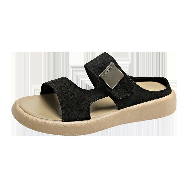 

Матовые шлепанцы на толстой подошве на плоской подошве для женщин, новые сандалии-мюли с открытым носком на мягкой подошве-маффине на липучке, универсальные 40 чёрный