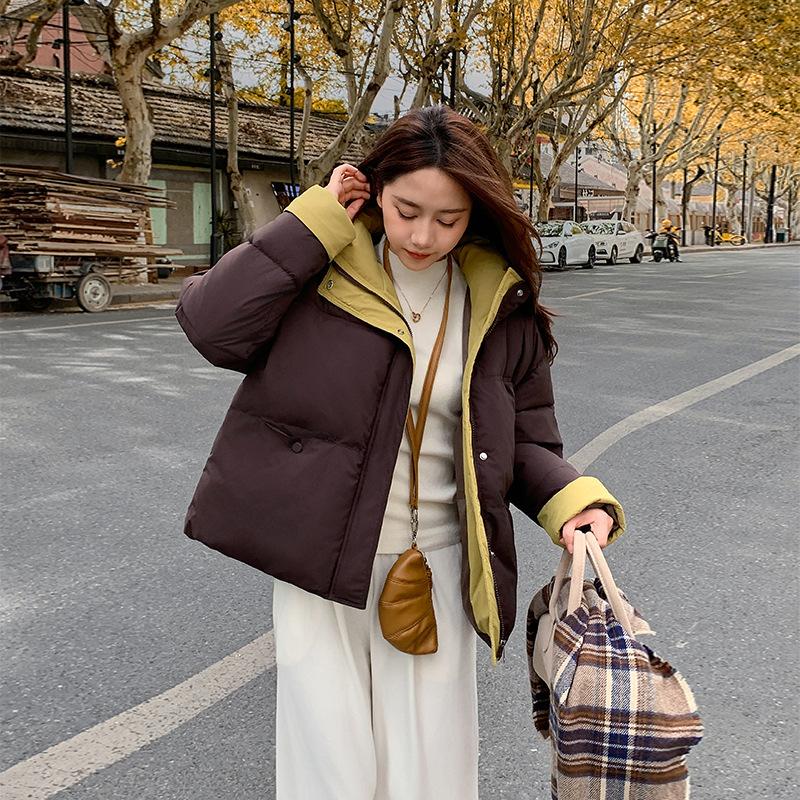 2025 new down cotton clothes women's short stand-up collar loose contrasting colors thickened loose warm bread clothes Korean version jacket