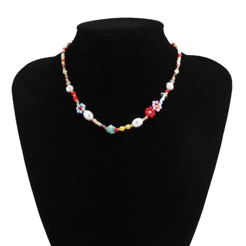 Cute Flowers Choker Imitation Pearls Colorful Beaded Necklace Sweet Short Clavicle Chain Necklace Fashion Jewelry