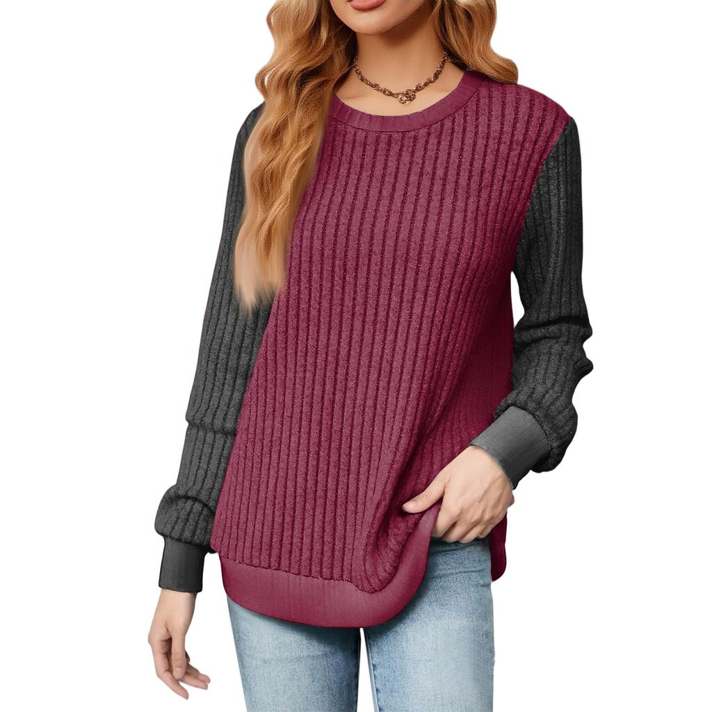 Modischer Damen Langarmpullover mit Farbblockdesign und lockerem Rundhalsausschnitt