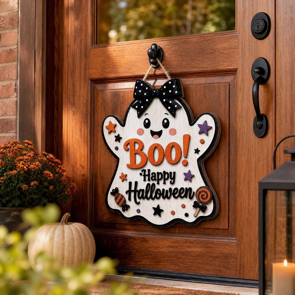 Halloween Wooden Door Hanging Sign Cute Welcome Decor for Holiday Party and Home Decoration