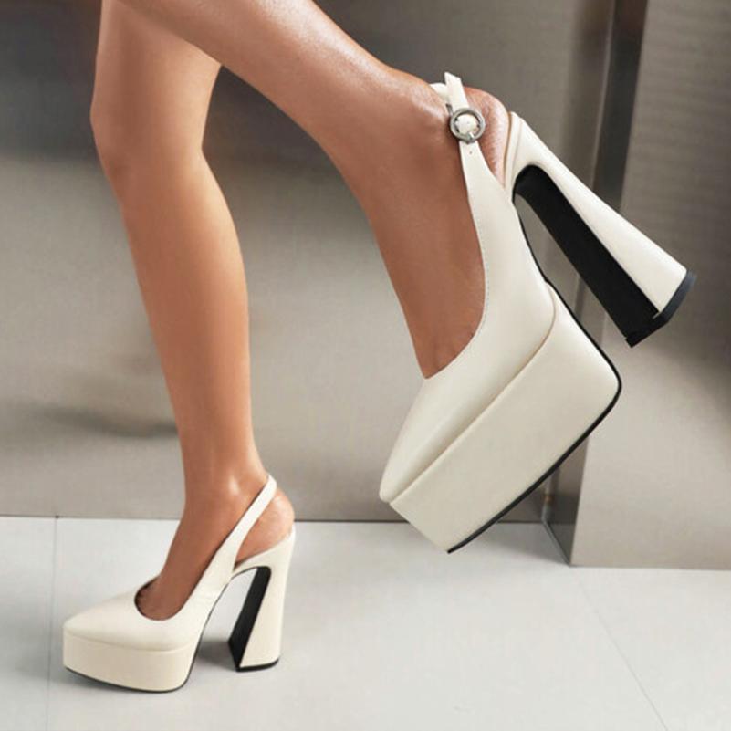 FOREADA Damen Slingbacks PU Leder Sandalen Plateau Super Hohe Hufabsätze Spitzschuh Sexy Party Sommerschuhe Beige 35-43