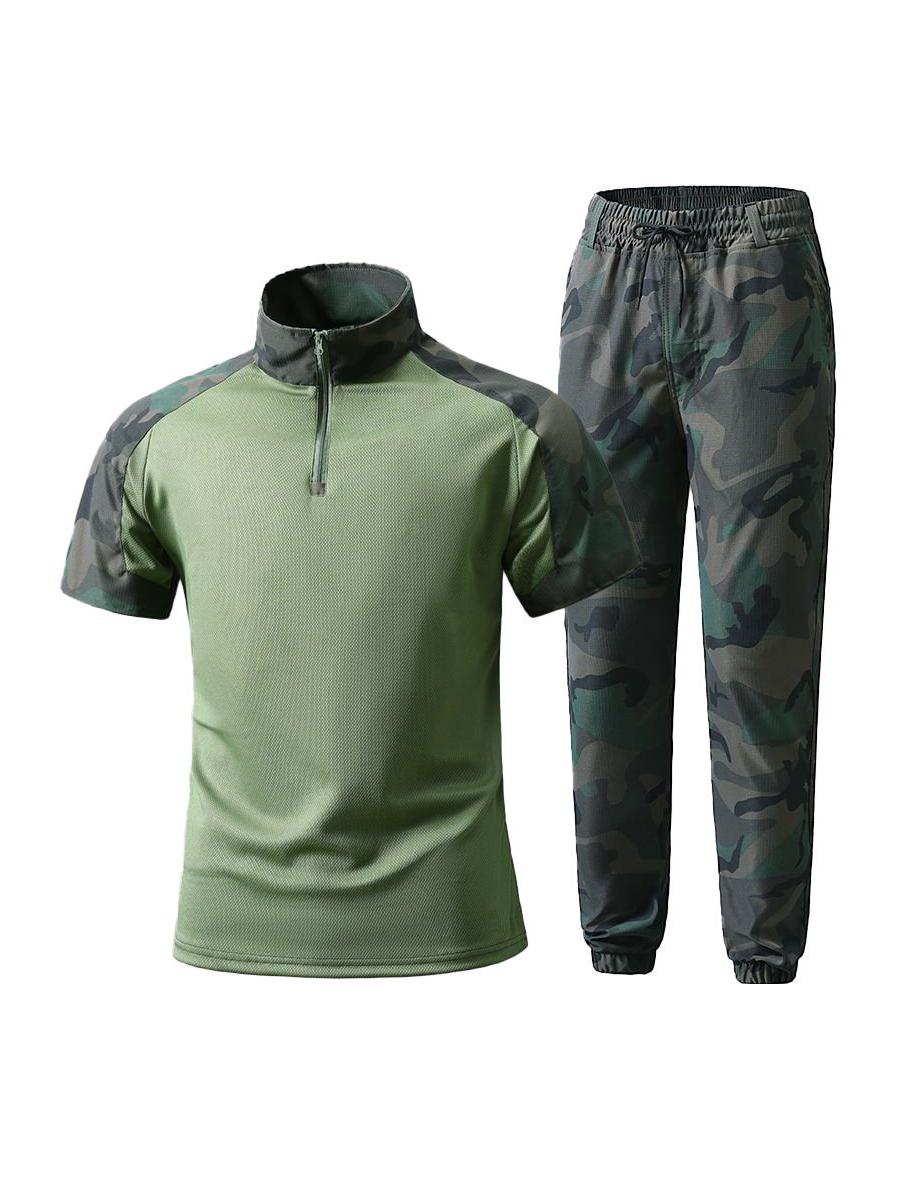 

Summer Casual Stand Collar Suit: Breathable Loose Camouflage Top & Pants L зелений