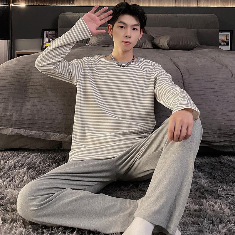 Cotton Nightwear for Men 2 Pieces Set Pajamas Spring Long Sleeves Sleeping Tops Trousers Sleepwear