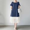 ZANZEA Women Casual Round Neck Short Sleeve Loose Lace Splice Dress