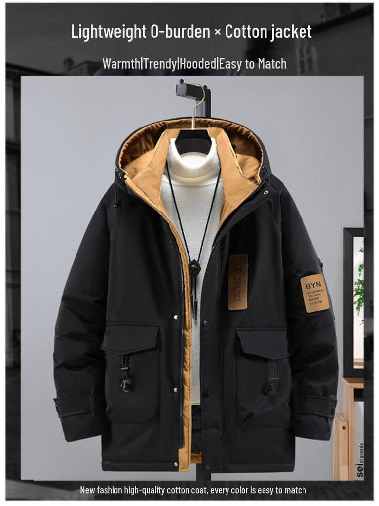 Men's Plus Size 2023 Trendy Mid-Length Cotton Jacket - Winter Warm Hooded Korean Style Workwear