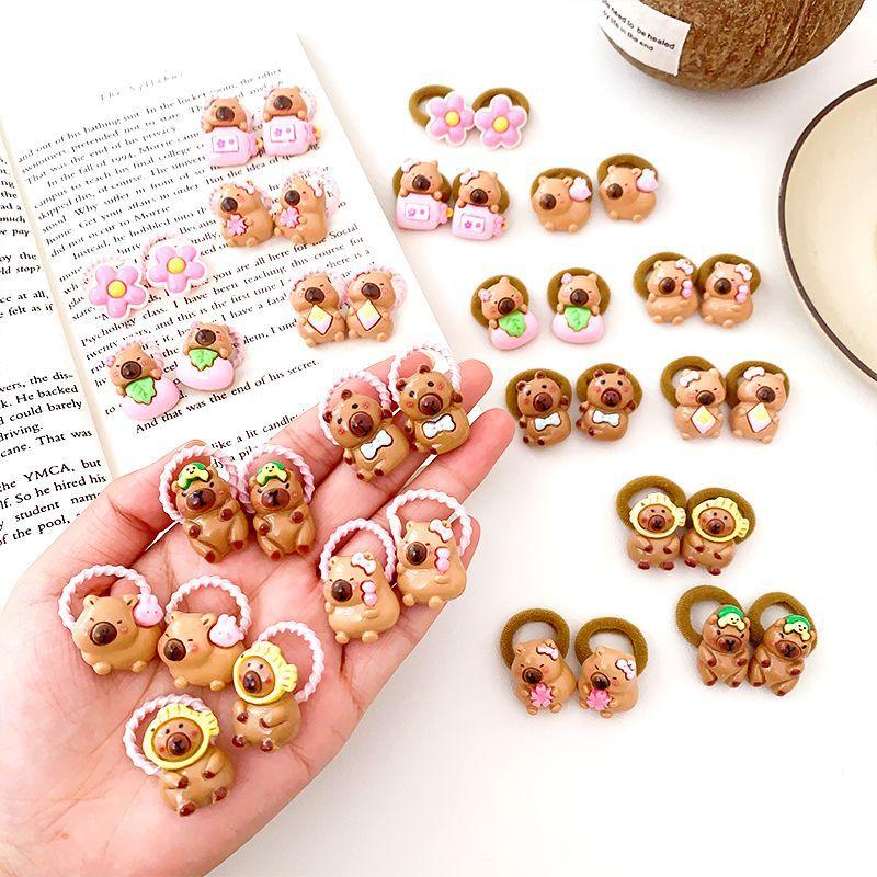 10Pcs Cute Capybara Hair Rope High Elasticity Twist Leather Band Cartoon Capybara Hanging Beads Headband Hair Accessories