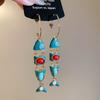 Vintage Ethnic Blue Red Enamel Fish Tassel C Shaped Long Hoop Earrings Women Gold Plated Alloy Casual Party Jewelry