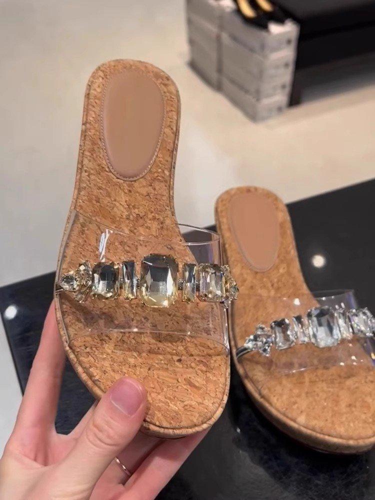 

Однослівні прозорі красиві шльопанці на танкетці, жіночі 2025 нові літні шльопанці на платформі, пляжне взуття 35