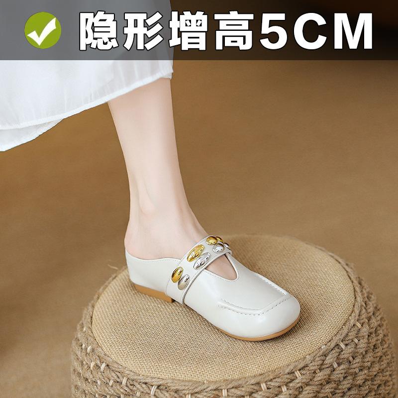 inner height increase pink bag head drag women's metal word with soft bottom half slippers summer outer wear round head shallow mouth sandals