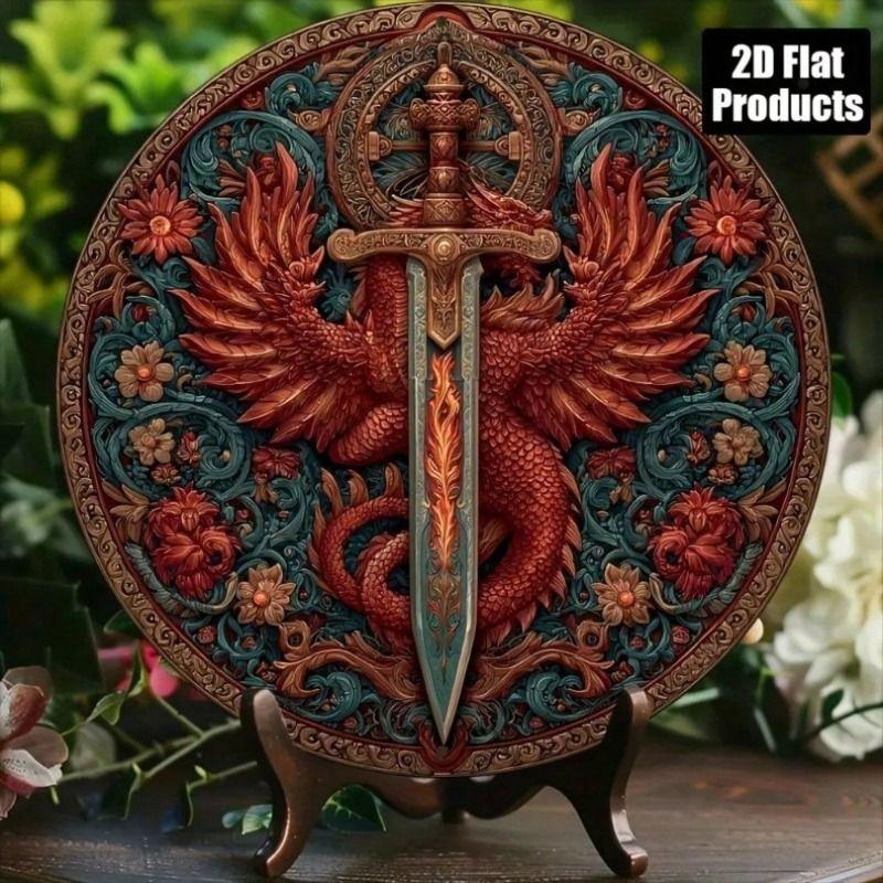 Retro Dragon Sword Round Metal Poster 8x8 Inch Vinyl Wall Art Home Decor