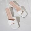 Square head medium heel slippers women's summer new leather cross thick heel open toe large size cool slippers women