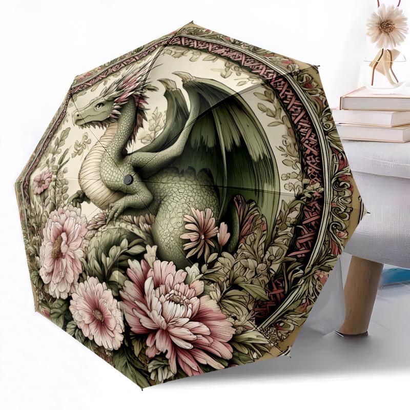 Dragon amidst floral splendor Outdoor Automatic Umbrella Sturdy 8 Rib Durable Plastic Iron Outdoor Daily Use Outdoor Accessory Perfect Gift Friends