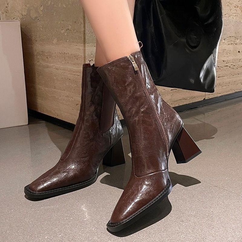 

Модные женские осенние ботильоны на блочном каблуке с боковой молнией, с квадратным носком, противоскользящие, износостойкие. 40 коричневый