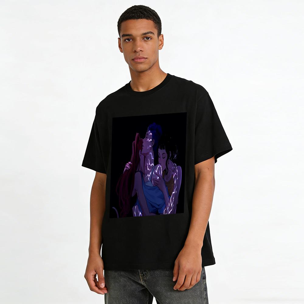 Dark Style Anime Character Print T-shirt Trendy Hug Pattern Loose Casual Top For Anime Fans Pure Cotton T-shirt