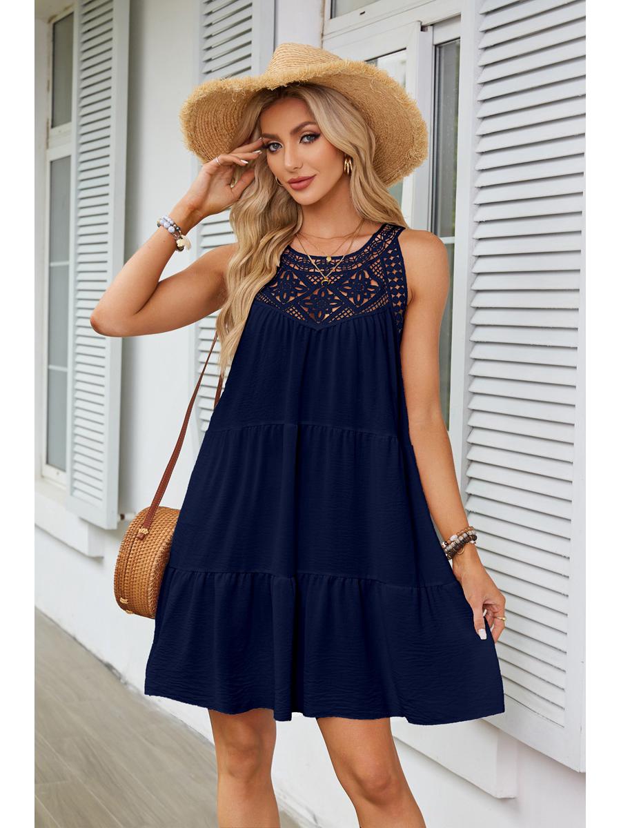 European-American Women s Lace Patchwork Halter A-Line Dress - Spring/Summer 2026 Collection Double Extra Large темно-синий