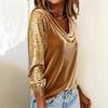 Women Tops Piled Collar Sequined Long Sleeves Velvet Texture Blouse Solid Color Loose Fit Stretchy Casual Tops Party Work Date Wear