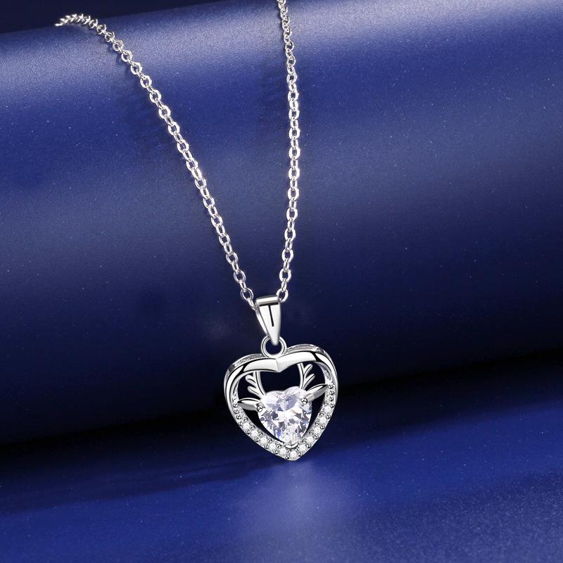 Heart Antler Pendant Necklace for Women - S925 Sterling Silver with Diamond Inlay, Unique Design, Perfect Gift for Girlfriend