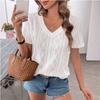 Ladies Summer Short Sleeve V Neck Hollow Mesh Solid Color Pullover T Shirt Top