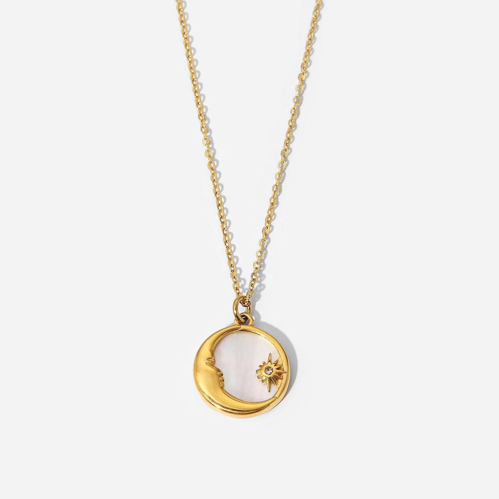18K Gold Titanium Steel Women's Necklace with French White Mother-of-Pearl Star, Moon, and Round Pendant.