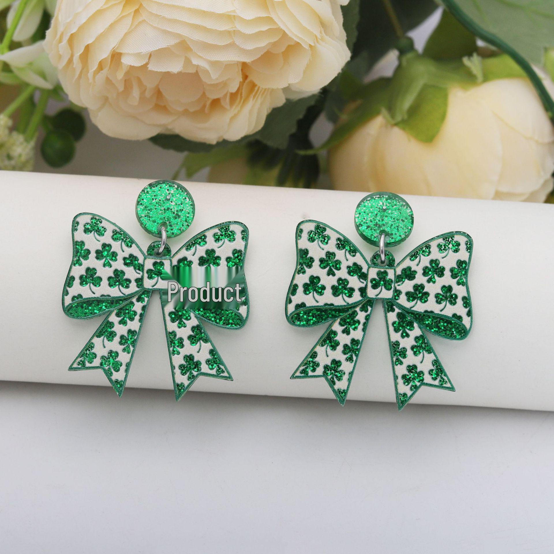 St. Patrick s Day Clover Print Acrylic Bow Earrings