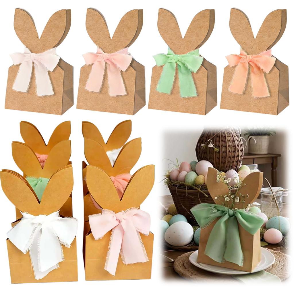 12Pcs Bunnies Birthday Treat Bags with Bow Ribbon Bunny Party Favor Bags for Easter Birthday Wedding Parties Supplies Craft