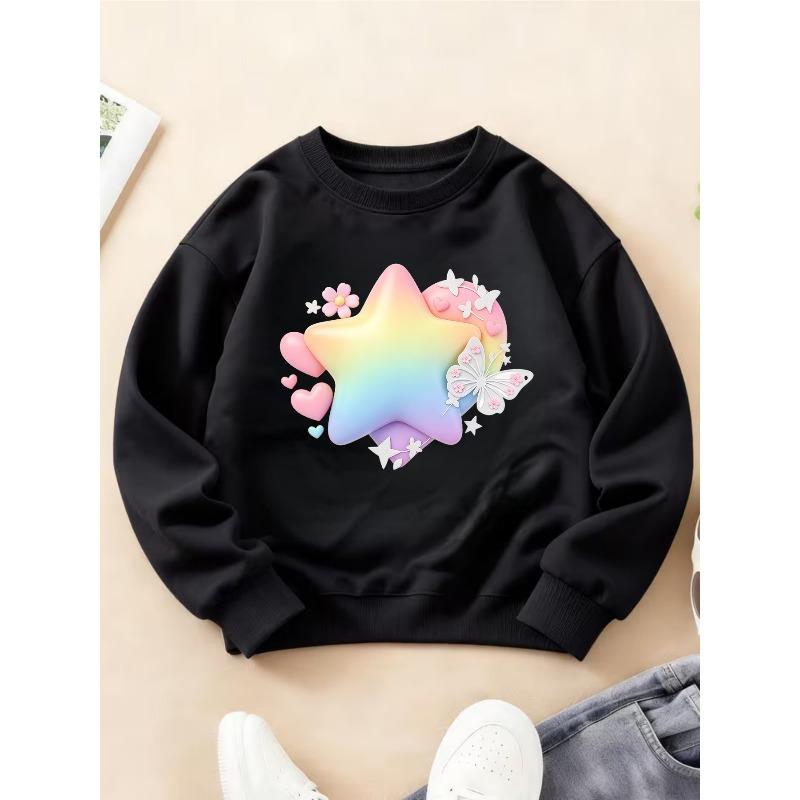 Kids Crewneck Sweatshirt,  Rainbow Stars, Butterflies & Hearts,Sports Casual  Top for Autumn Winter