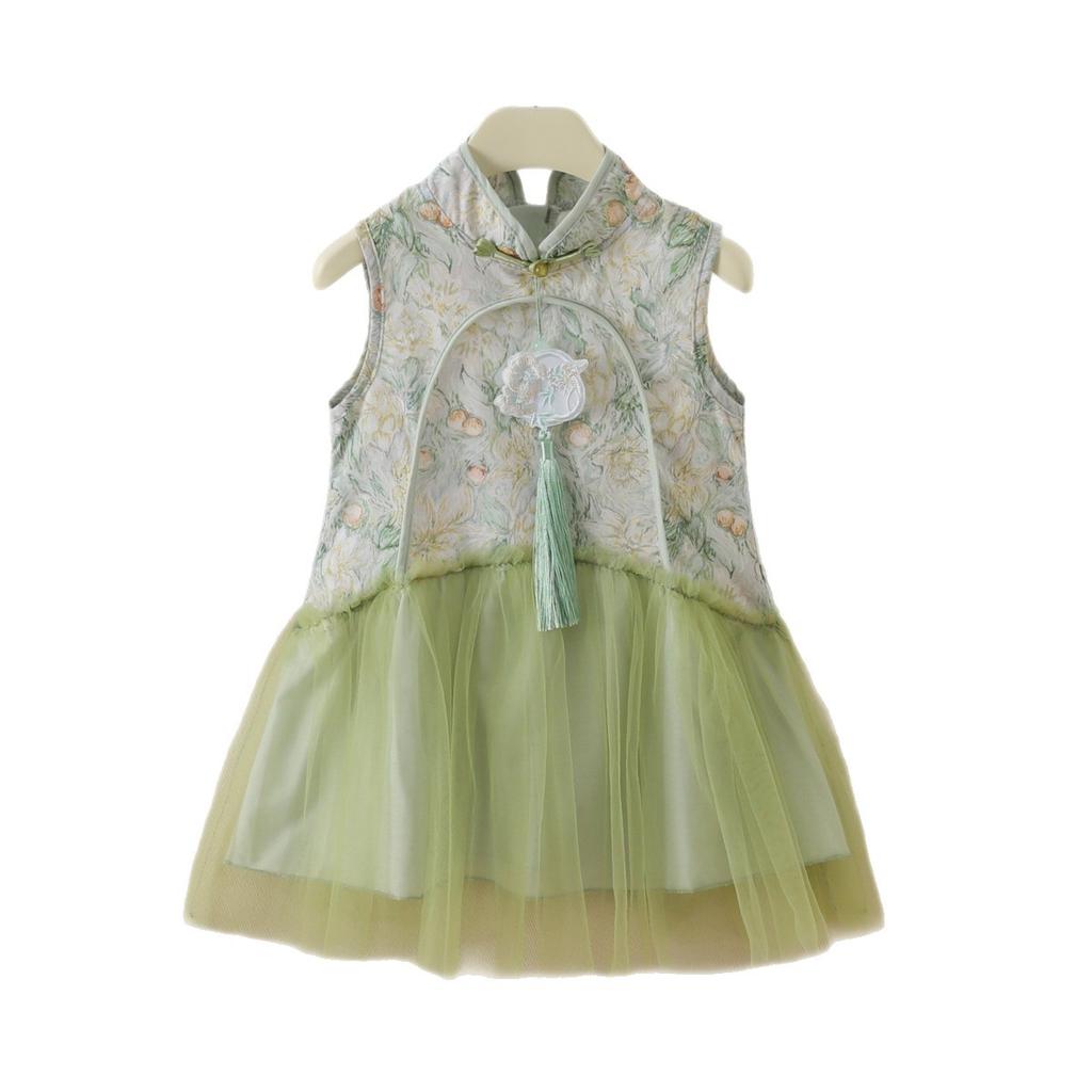 Girls' Chinese-Style Printed Summer Dress With Auspicious Phoenix Design Cool Mesh Cheongsam Dress