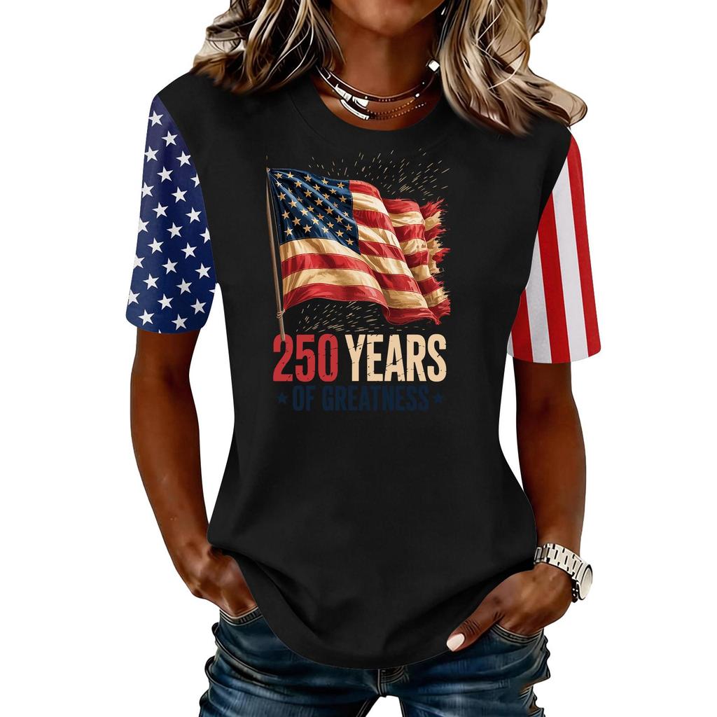 Women's Casual Short Sleeve T-Shirt 250 Years of Greatness Graphic Print Crew Neck Top Independence Day Themed Apparel