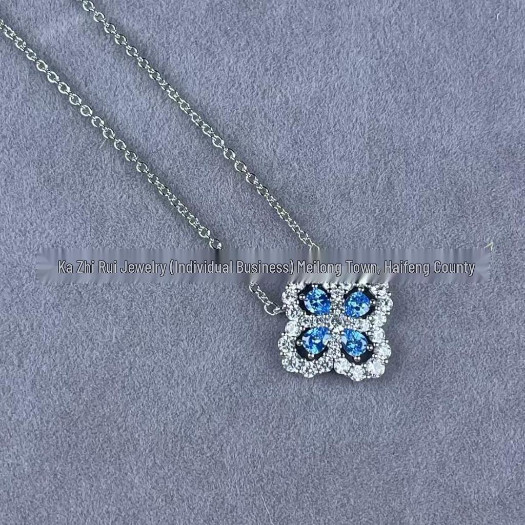 Hairui Wen Full Diamond Four-Leaf Clover Necklace - Women's Light Luxury Fashion In Blue, Pink, and White