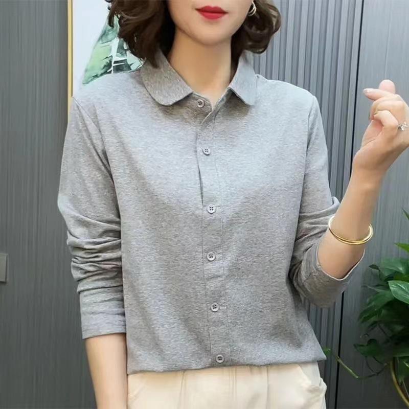 Lapel Women's Fashionable Solid Color New Polo Neck Long-sleeved Top Middle-aged Mother's Spring and Autumn Slimming and Age-reducing Shirt