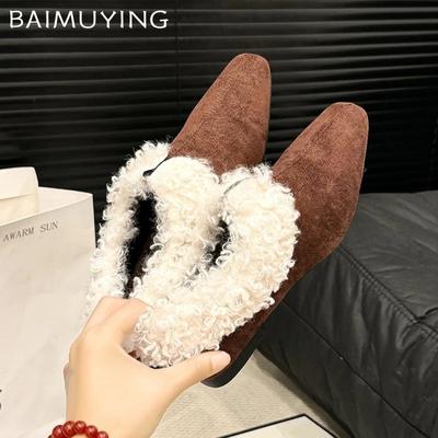 Square Toe Fur Women Cotton Slippers Suede Low Heels Mules Shoes Autumn Slingback Shoes Woman 2025 Trend Fashion Mujer Zapatos